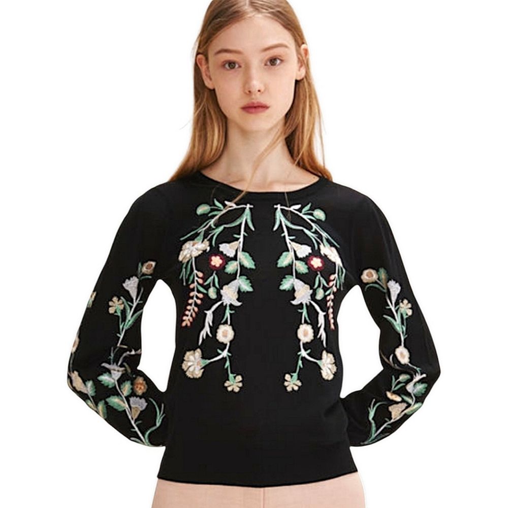 Maje Floral Embroidered Wool Sweater, Size 3 / Us Large, Black/Multicolored